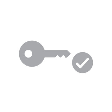 Grey key alongside a circular check mark indicates successful authentication or problem resolution on a white canvas.