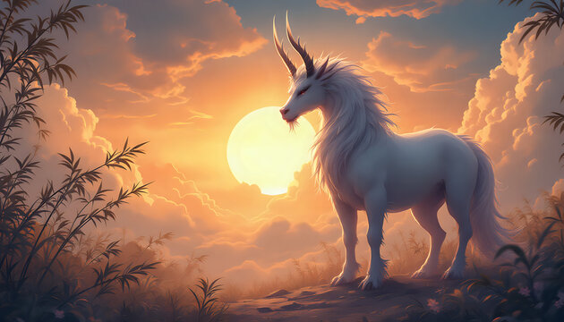 Japanese Fantasy - white kirin (qilin) standing in moonlit bamboo forest