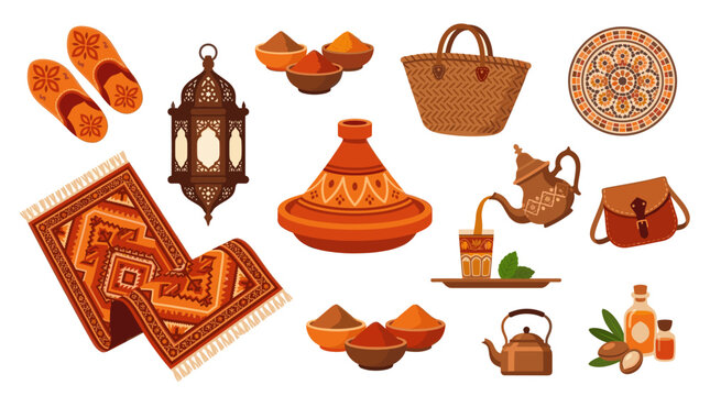 A flat design illustration showcasing traditional Moroccan items like a tajine, lantern, carpet, slippers, spices, tea set, and argan oil, set against a white background.
