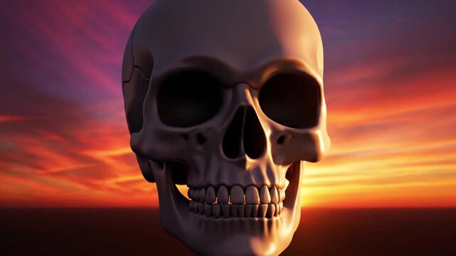 Human skull floating against a vibrant sunset sky with deep orange and purple clouds representing mortality and the passage of time in nature concept