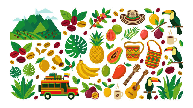 A vibrant illustration showcasing Colombian culture with coffee beans, tropical fruits, toucans, guitars, a traditional hat, and a colorful bus in a flat design style.