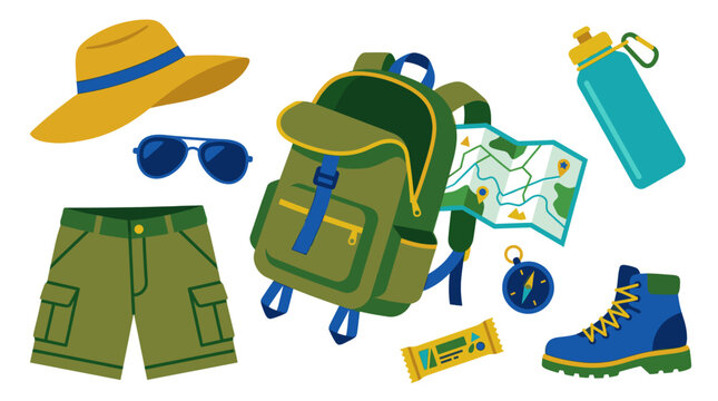 A vibrant flat lay illustration featuring essential items for hiking and outdoor exploration, including a backpack, hat, shorts, sunglasses, water bottle, map, compass, energy bar, and boot.