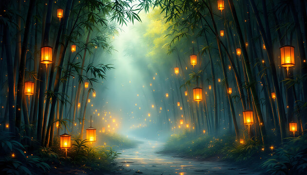 Japanese Fantasy - enchanted bamboo grove with floating lanterns and fireflies