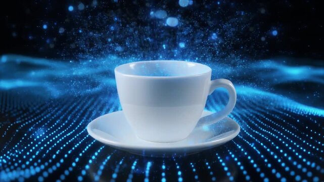 White ceramic cup and saucer placed against glowing digital background of blue dots and wave‑like light patterns, symbolizing blend of tradition and modern technology.