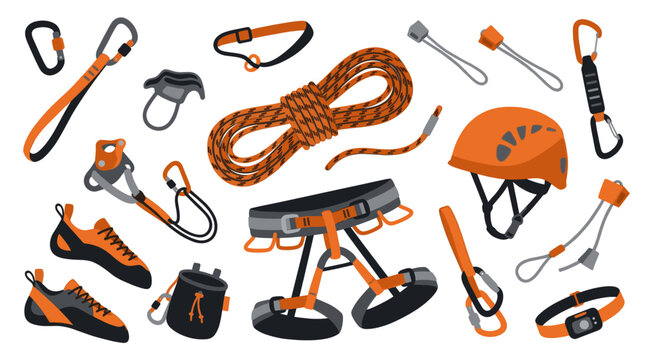 Flat lay illustration of essential climbing equipment in orange, black, and white, including a helmet, harness, rope, shoes, carabiners, and chalk bag.