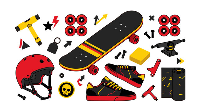 A flat lay illustration featuring a collection of skateboard parts and accessories, including a skateboard deck, wheels, trucks, helmet, shoes, and tools, all on a white background.