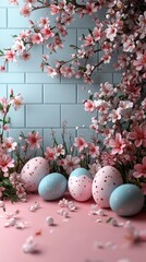 Obraz premium Pastel Easter Eggs in Spring Garden Setting, Happy Easter Day Theme.