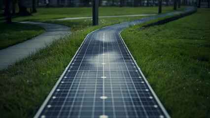 Fototapeta premium Solar panel pathway in green park, renewable energy, clean future concept