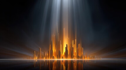 Obraz premium Abstract digital art featuring glowing golden skyscrapers surrounded by dark space with rays of light illuminating the urban landscape