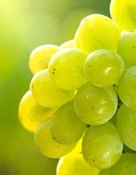 Close-up of fresh green grapes on the vine.