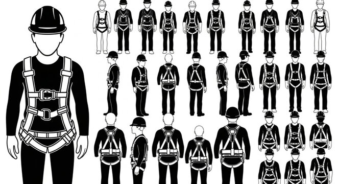 Collection of Safety Harness Illustrations for Construction Workers.
