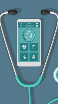 stethoscope and a smartphone with a medical app, vertical video (3d render)