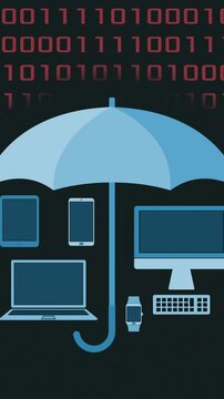 electronic devices under an umbrella with binary numbers falling, concept of computer security, vertical video