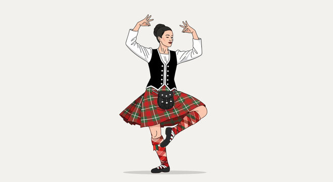 Highland Dancer Woman in Kilt Performing Traditional Scottish Dance