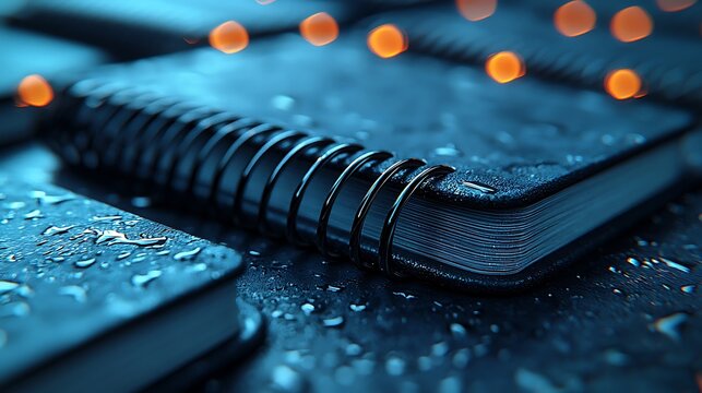 Dark Moody Notebook with Water Droplets and Bokeh Lights Creates an Atmospheric Scene