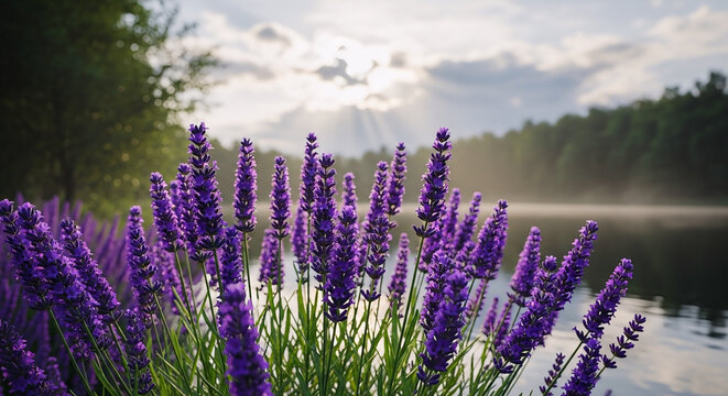 Rimbunan bunga lavender yang cantik di tepi danau yang tenang