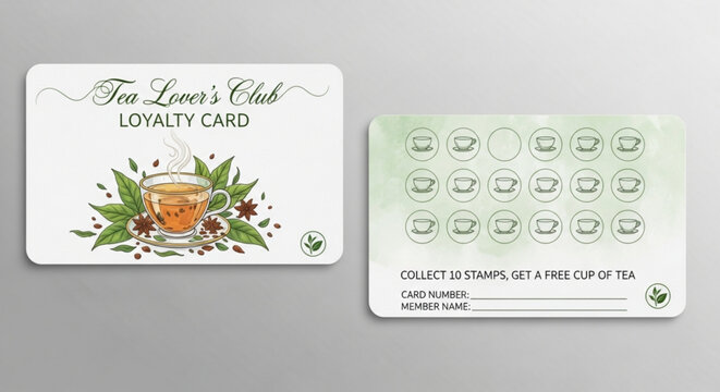 Tea loyalty card, vector stamp set, Tea Lovers Club rewards, green leaf design