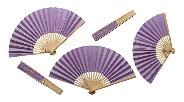 Arrangement of beautiful purple traditional folding fans in various open positions, symbolizing grace and tradition.
