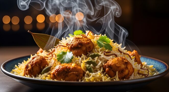 Chicken biryani Spicy Indian Hyderabadi biryani : Generative AI, chicken biryani spicy food, top view, chicken biryani, spicy food photography, with flying food effect
