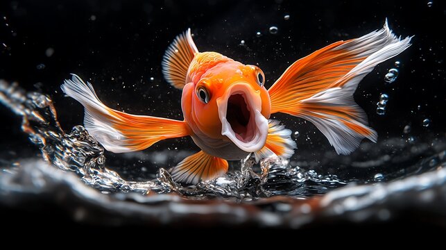 Dramatic goldfish leaping from water with mouth open splashing water and bubbles