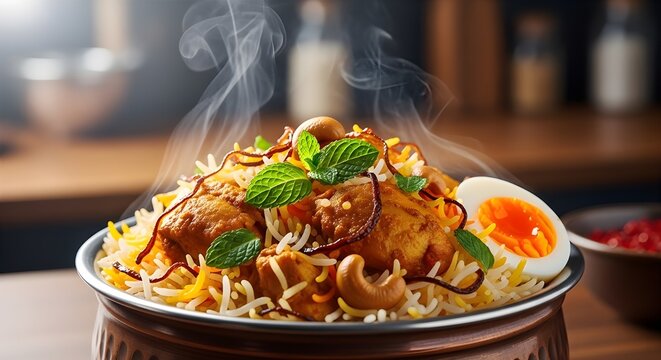 Chicken biryani Spicy Indian Hyderabadi biryani : Generative AI, chicken biryani spicy food, top view, chicken biryani, spicy food photography, with flying food effect
