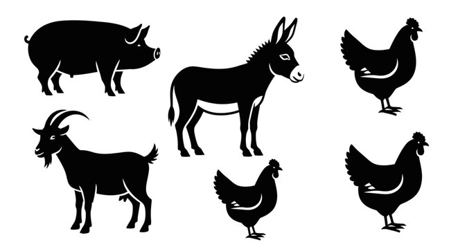 Farm Animals Silhouettes Icons Set - Pig, Donkey, Goat, Chickens