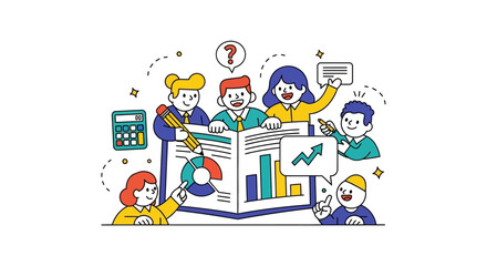 Fototapeta premium Diverse business team analyzing data charts in flat vector illustration style