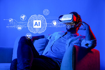 A man experiences the fusion of virtual reality and artificial intelligence, showcasing a modern...