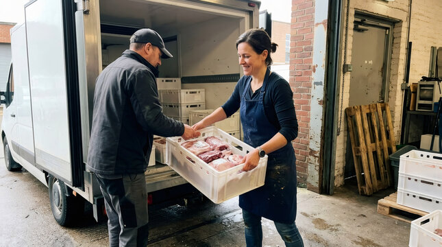 Butcher woman and delivery man unloading box of raw meat from truck. Professional food distribution, logistics, supply chain and meat industry collaboration. Commercial wholesale service.