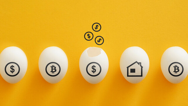 Diversified investment portfolio concept with stocks real estate and cryptocurrency, asset allocation strategy, risk management, financial growth, passive income and wealth building in modern economy