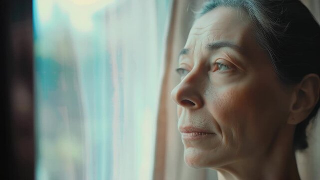 Woman peering through a window, deep in thought.
