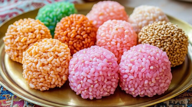Colourful Phullian Puffed Rice and Revri Sweets Close-up