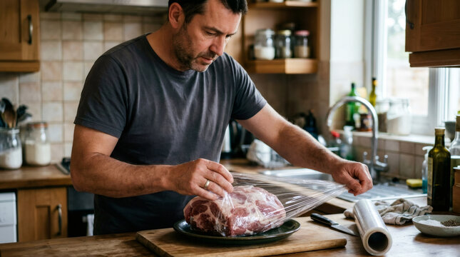 Man wrapping raw pork meat in plastic film on kitchen counter. Home cook preparing fresh food for storage. Culinary master at work in domestic kitchen. Healthy meal preparation concept.