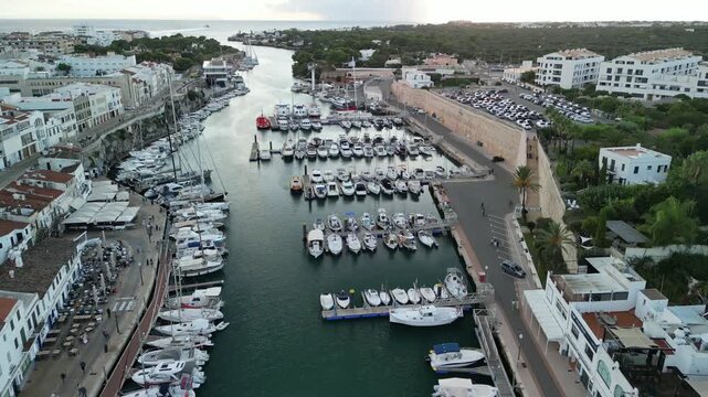 Aerial drone view over a Marina Port in the historic city of Ciutadella, Menorca Island, Balearic islands, Spain.