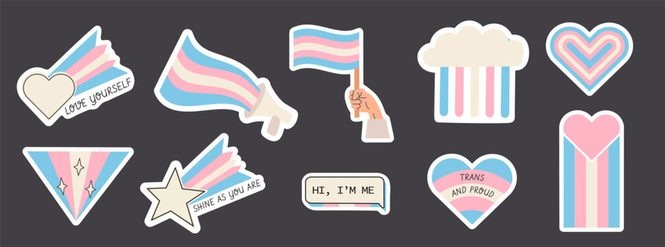 Trans pride sticker set with LGBTQ elements, hearts, flags and supportive symbols. Cute retro style illustrations for social media, merch, packaging and print design. Vector illustration collection.