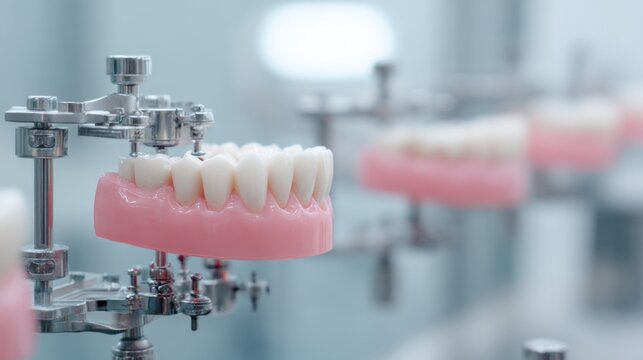 Medium shot of fully adjustable articulatormounted dental casts highlighting precise tooth alignment with outoffocus instruments creating a gentle backdrop.