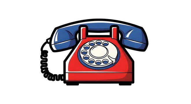 A classic retro rotary dial telephone in vibrant red and blue colors, isolated on a white background. Vector style with bold outlines.