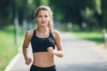 Fototapeta premium Woman jogging on paved park trail, calm confident expression, bright daylight, clean natural environment