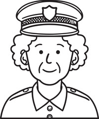 Obraz premium Hand Drawn Elderly Female Police Officer Black and White Illustration in Minimal Line Art Style Design