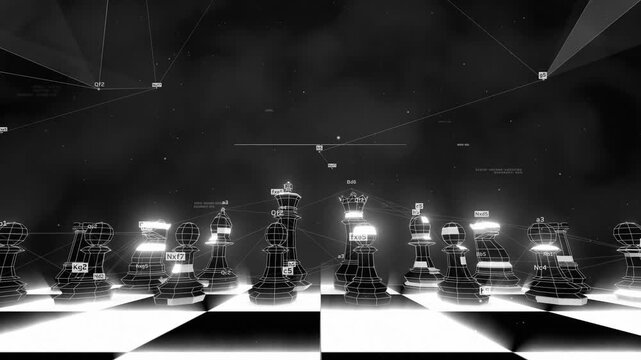 Futuristic Chess Strategy with Glowing Pieces and Digital HUD Interface