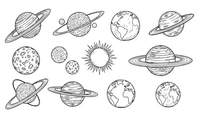 Set of hand-drawn planets and the sun in a simple line art style © Nahid