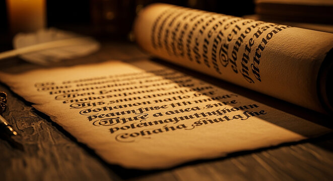 Ancient Scroll with Calligraphy and Feather Pen on Wooden Desk