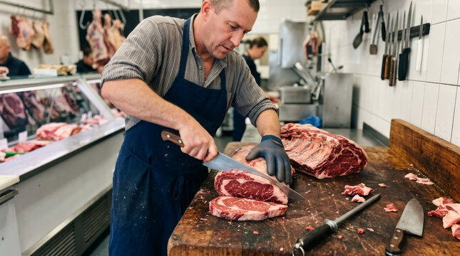 Butcher cutting raw beef steak on wooden board in meat shop. Professional man preparing fresh meat for sale using knife. Manual labor in local grocery kitchen, food industry work.