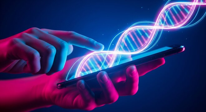 Hands interact with smartphone displaying DNA on screen in dark