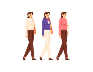 Obraz premium Illustration of a beautiful, tall girl walking to work. A collection of outfits for going to work. Holding a briefcase. Cool, minimalist, casual, stylish, lifestyle. Flat style character illustration