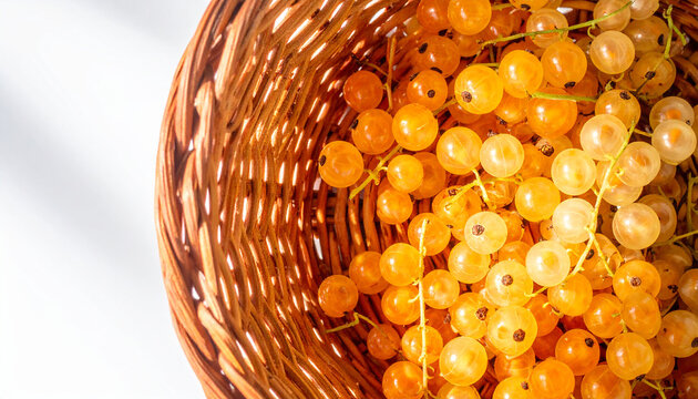 Close-up of golden yellow currants filling a woven basket with light and shadow golden currants