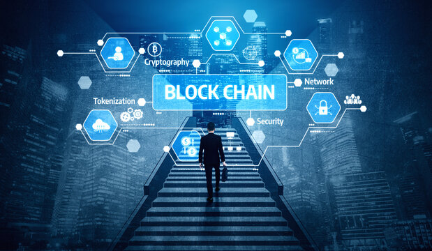 A businessman climbs stairs in a digital cityscape, illustrating blockchain technology concepts such as network, security, and tokenization in a modern environment. Tessel