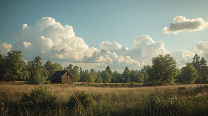 Fototapeta premium Tranquil Countryside View: Secluded Wooden Cabin in a Meadow with Majestic Dramatic Clouds