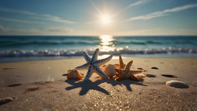 Beautiful starfish and seashells resting on a wide sandy beach under a bright cinematic summer sun and blue sky