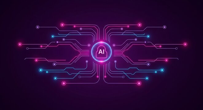 Neon AI circuit board glows brightly on dark background